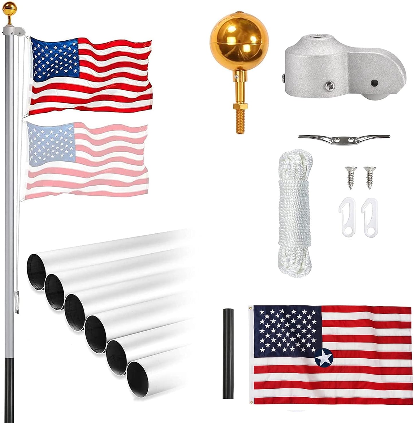 Flag Poles for Outside House 20 Ft Residential Sectional Pole Kit Heavy Duty Telescoping Flag Pole Inground with 3’x5’ Embroidered American Flag