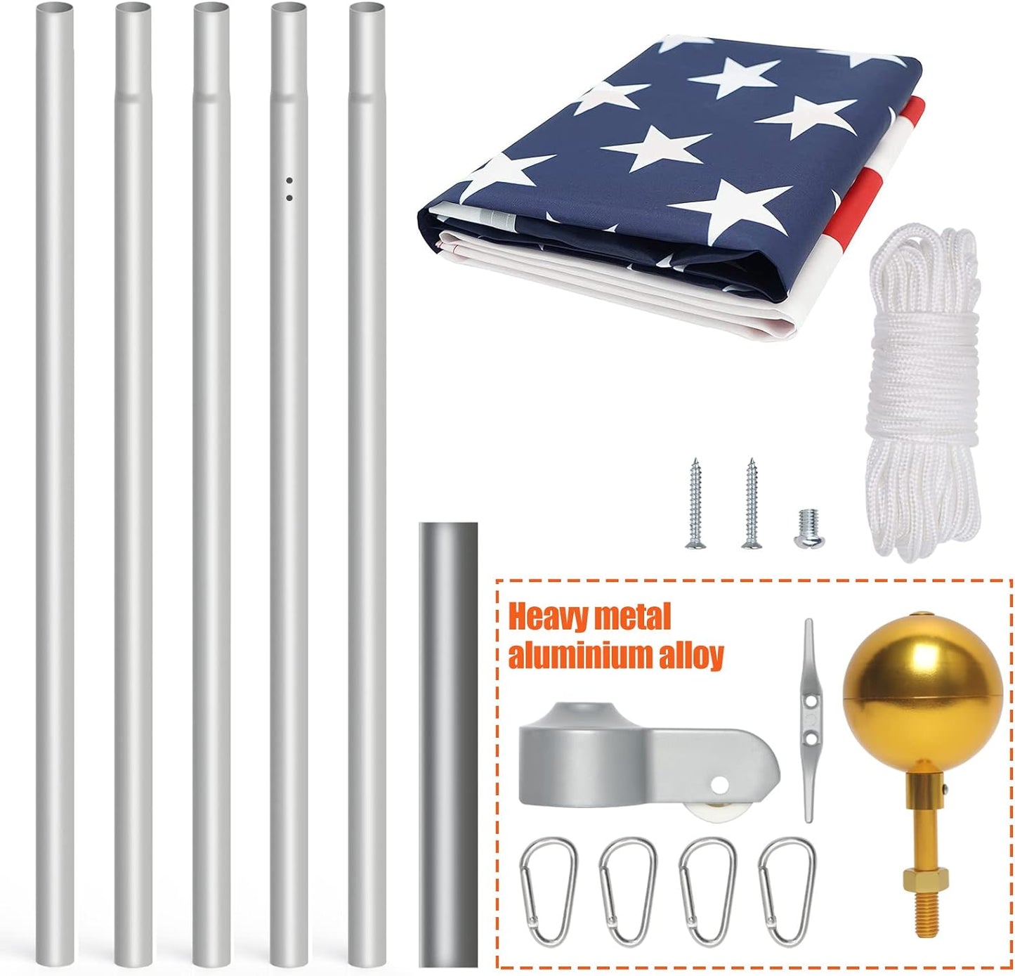 Flag Poles for Outside House 20 Ft Residential Sectional Pole Kit Heavy Duty Telescoping Flag Pole Inground with 3’x5’ Embroidered American Flag