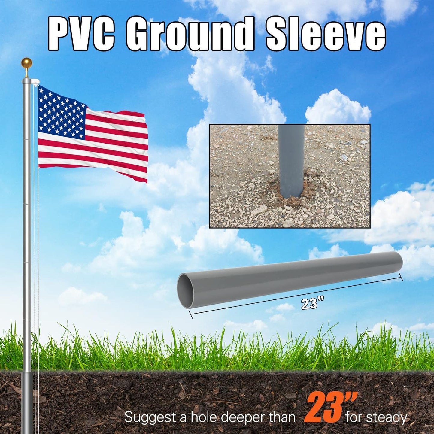 Flag Poles for Outside House 20 Ft Residential Sectional Pole Kit Heavy Duty Telescoping Flag Pole Inground with 3’x5’ Embroidered American Flag