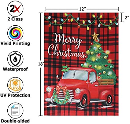 Christmas Garden Flags 12x18 Double Sided - Red Truck Tree Xmas Holiday Vertical Garden Yard Flags Banner for Small Christmas Outdoor Decorations