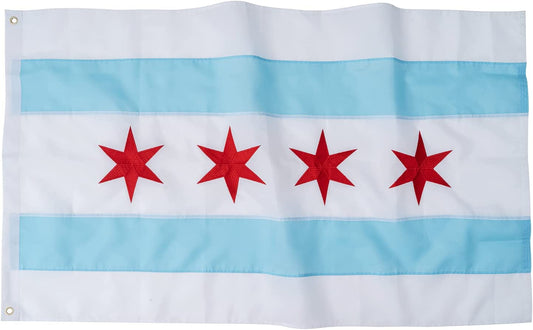 SYII Chicago City Flag 2x3 FT, Embroidered Stars and Double Stitched Sewn Stripes with 2 Brass Grommets, Chicago IL Illinois Flags Outdoor Banner, Made in USA