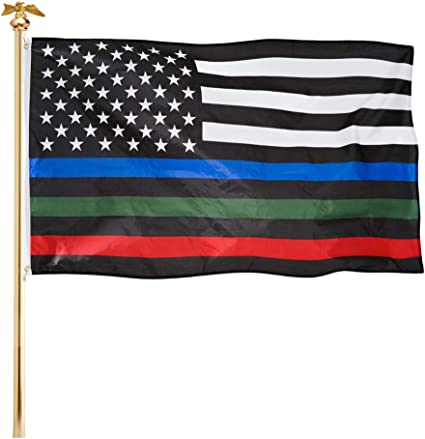 Thin Blue Red Green Line Flag Police Military and Fire Flags 3x5 ft Blue Line American Flags with Green Stripe Canvas Header 2 Brass Grommets