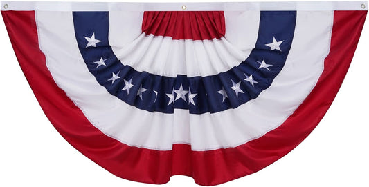 USA Pleated Fan Bunting Flag - 3x6ft Oxford Nylon America Half Fan Set - Embroidered US Patriotic Stars & Stripes Canvas Header Brass Grommets