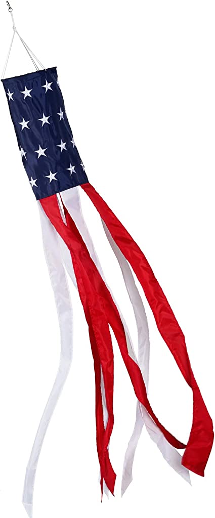 Embroidered American US Flag Windsock- 60 Inch Outdoor Hanging Heavy Duty 4th of July Red White Blue Patriotic US Flag Wind Sock Fade Resistant Weatherproof Patriotic Decorations