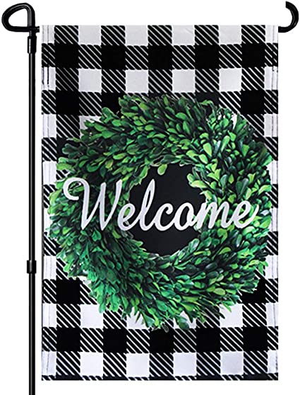 Welcome Boxwood Wreath Garden Flag - Double Sided Buffalo Plaid Check Flag Autumn 12.5 x 18 Inch - House Yard vertical Decoration Country Outdoor Indoor Banner