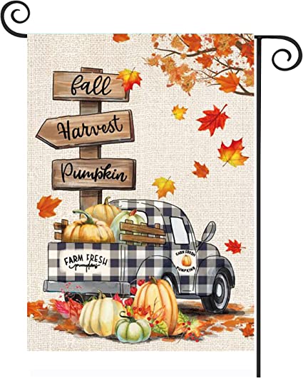 Fall Garden Flag Yard Flags 12 x 18 Inch Double Sided Pumpkin Outdoor Flag Welcome Decorations for Home Porch Outside (Fall-Harvest Car)