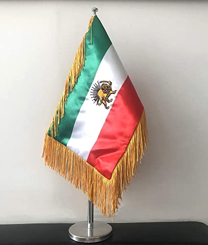 Iran Old Table Flag - Former Iranian Desk Flag Persia Flag 20x30 cm - Satin Double Sided Table Flag with Pole - Vivid Color