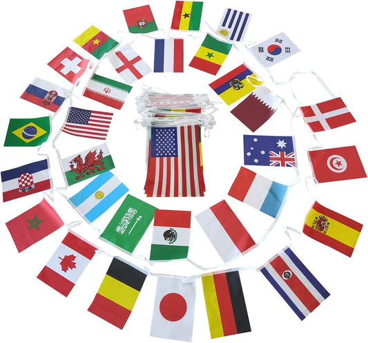 33Ft, 32 Countries Flags 11.8"x7.8", International Bunting Pennant Banner with Vivid Color and String, World Party Decoration for Sports Clubs Bars