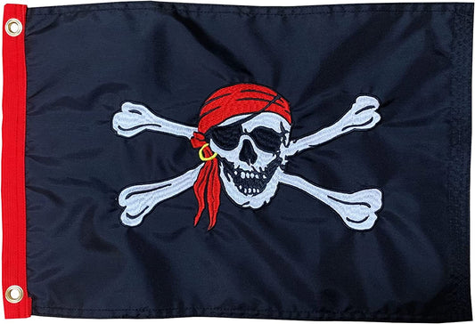 Red Bandanna Hat Pirate Boat Flag 12x18 Inch Made in USA, Embroidery Jolly Roger Pirate Yacht Flags with 2 Brass Grommet, Heavy Duty Nylon Skull Outdoor Banner for All Weather