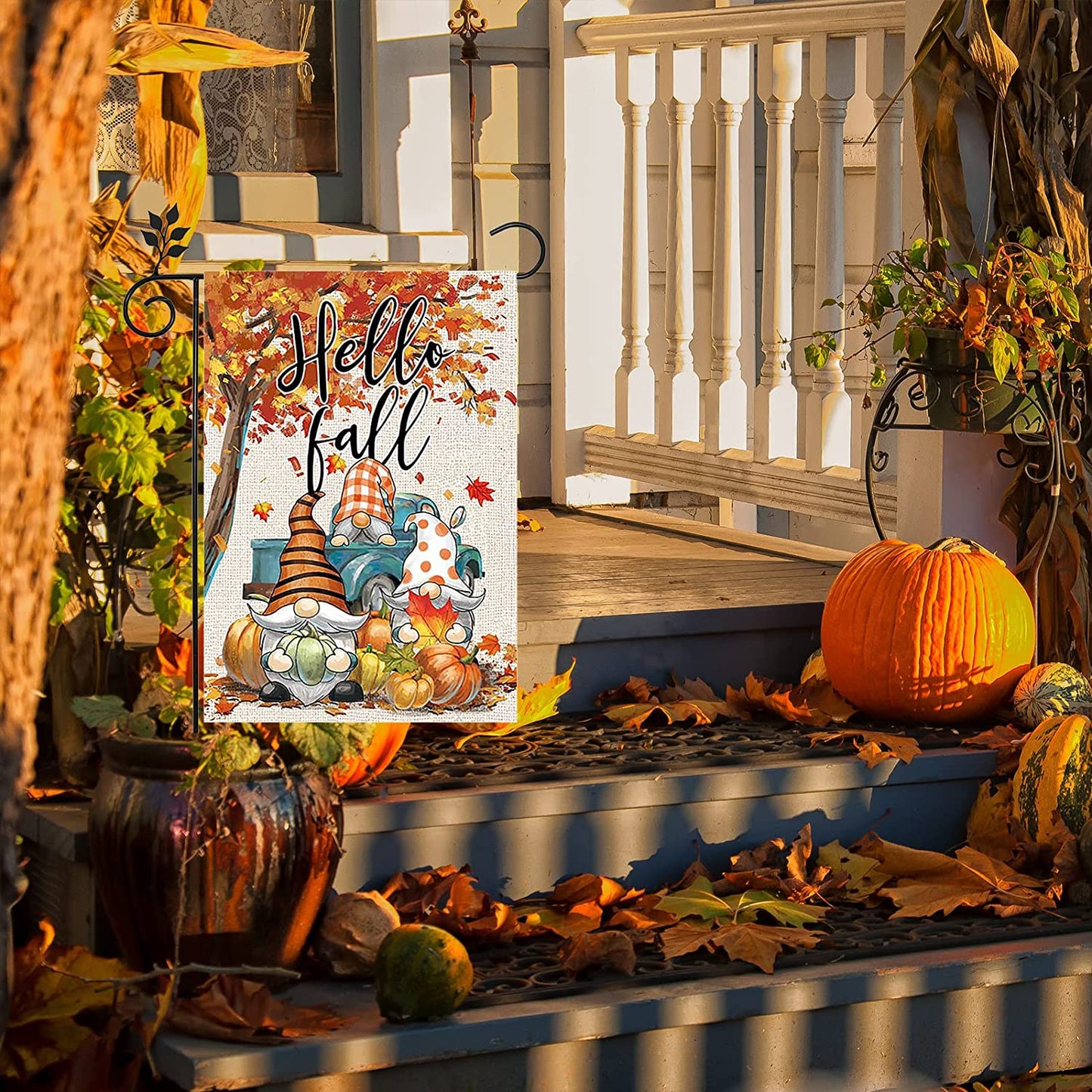 Happy Fall Garden Flag 12x18 Inch Double Sided, Autumn Gnome Pumpkin Maple Leaves Yard Flags for Farmhouse Porch