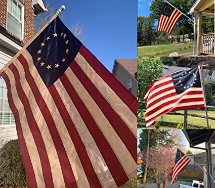 Vintage Betsy Ross Flag - Tea Stained Embroidered Stars American 3x5 Outdoor - Heavy Duty 13 Stars Flags 13 Colonies Primitive US Banner Stitching Stripes with 2 Brass Metal Grommets